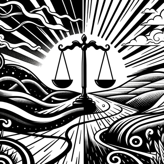 A black and white image of a winding path and scales. It symbolises the journey from chaos to order.