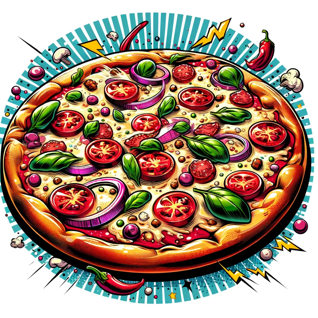 A comic book style picture of a pizza