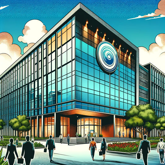 A comic book style image of a corporate HQ building