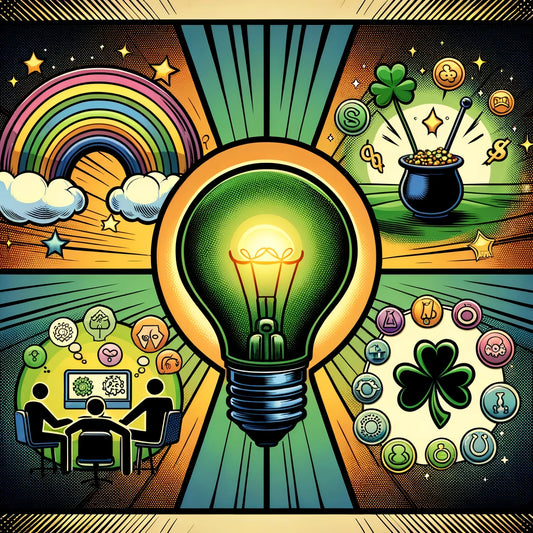 An image of traditionally lucky objects: shamrock, rainbow etc