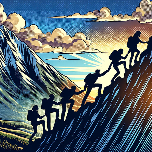 People climbing a steep mountain, helping each other.