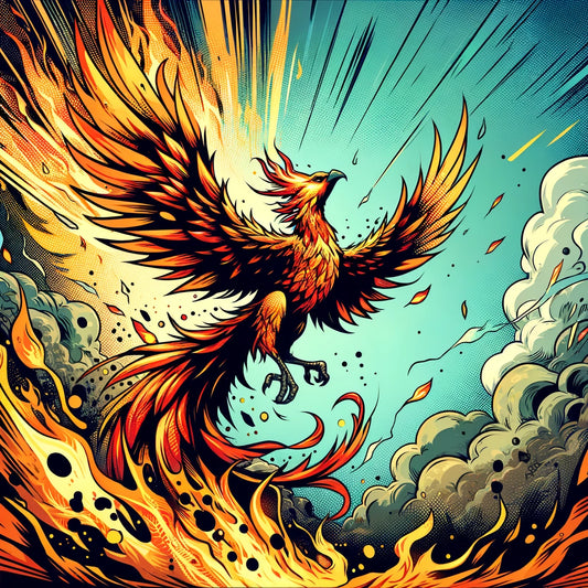 Phoenix rising from fire and ashes
